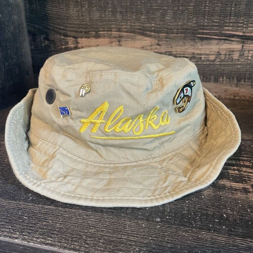 Vintage Northwest Coast Alaska Fishing Hat Orca Native Art, Flag, Walrus Pins